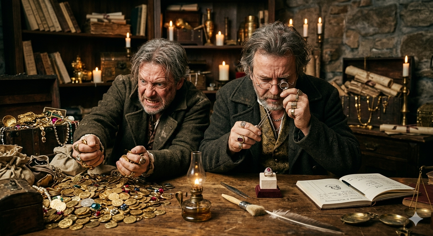 Two men at a table, one grabbing greedily for gold, the other examining carefully with a magnifying glass. Greed and cura.